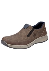 Bruna läderskor med slip-on design och elastiska sidopaneler, beige mellansula och gummisula. Har diskreta sömmar och rundad tånack.