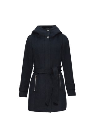 Marineblauwe jas met een capuchon, gemaakt van textuurstof. Voorzien van een sluiting aan de voorkant, een riem in de taille en ritszakken aan de zijkanten.