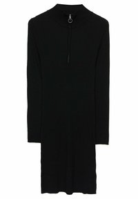 Robe en tricot noir côtelé avec un col haut et une fermeture zippée ¼ dotée d'un tirette en métal circulaire. Manches longues et ourlet mi-long.