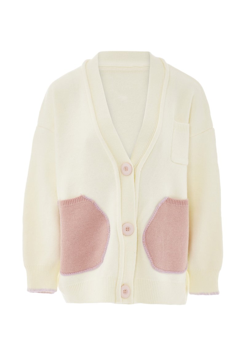 Cardigan tricotat de culoare crem cu accente roz la buzunare, având un guler tip șal, închidere cu cinci butoane și manșete cu răsucire.