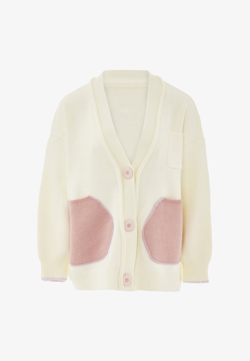 Krém színű kötött kardigán, rózsaszín zsebfelvarrással, sálgallérral, öt gombos záródással és bordázott mandzsettákkal.