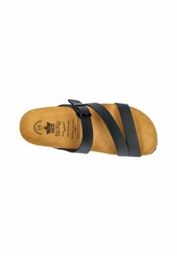 Black two-strap sandal with a cork footbed, featuring a textured surface and an adjustable buckle for a secure fit.