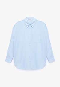 Light blue long-sleeve button-up shirt made from soft fabric, featuring a pointed collar, front pocket, and rounded hem.
