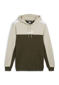 Sudadera con capucha de diseño en bloque de color en beige y verde olivo. Presenta un bolsillo frontal tipo canguro y un logo blanco en el pecho.