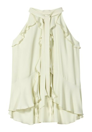 Cremefarbene ärmellose Bluse mit Rüschensäumen, hohem Ausschnitt und langem Bindeband, das vorne herunterhängt.