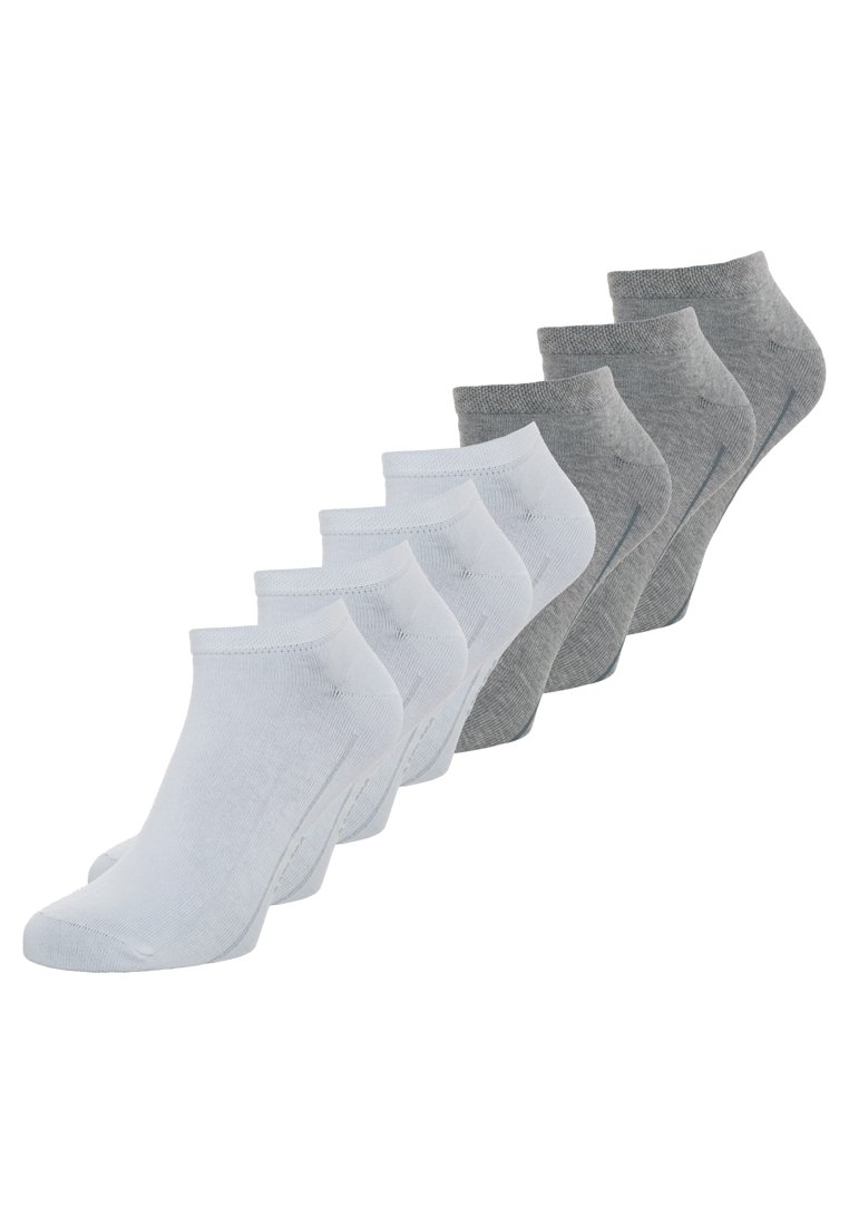 Seks par ankelsokker i hvid og forskellige nuancer af grå. Lavet af blødt stof, med et elegant, minimalistisk design og ribbet kant.