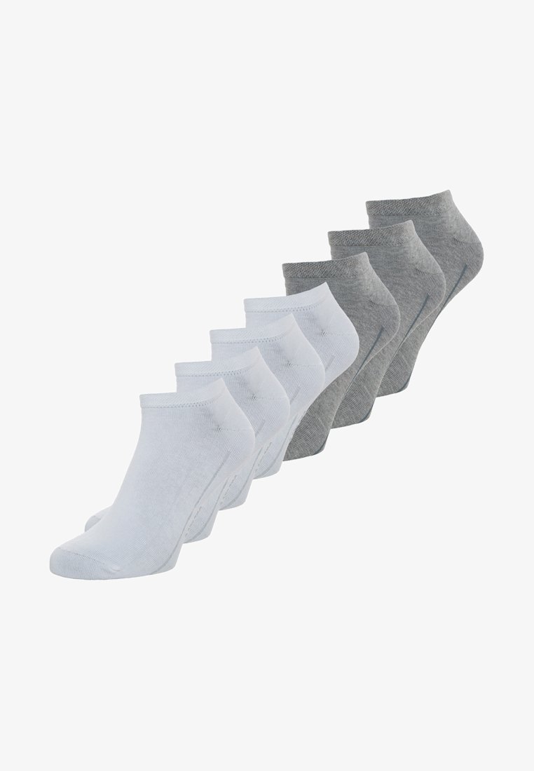 Seis pares de meias de tornozelo em branco e em várias tonalidades de cinza. Feitas de um tecido macio, apresentam um design elegante e minimalista com punhos canelados.