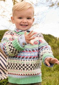 Knitted sweater in pastel colors with geometric and floral patterns, featuring a green ribbed collar and cuffs, and layered with a light blue shirt.