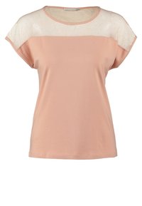 Světle růžový top s krátkým rukávem a průhlednou horní částí s tečkovanou síťovinou. Má kulatý výstřih a volný střih. Vyroben z měkké tkaniny.