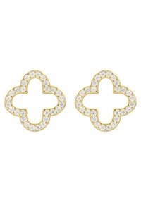 Orecchini color oro a forma di trifoglio con cristalli trasparenti rotondi incastonati in un bordo dettagliato. Presentano un design con intagli per un ulteriore interesse visivo.