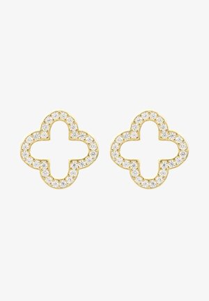 Arany színű fülbevalók, amelyeket lóhere formájúra terveztek, tiszta, kerek kristályokkal, részletes keretben. Kivágott dizájnnal a vizuális érdekesség fokozása érdekében.