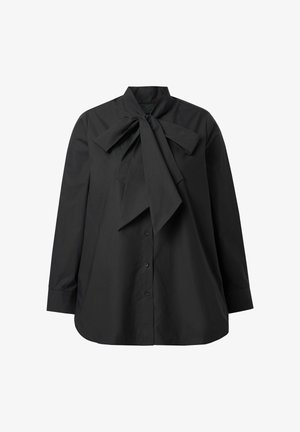 Sort skjorte med sløjfe-krave, lange ærmer og knaplukning foran. Lavet af glat stof, med en løs pasform og afrundet kant.