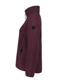 Fleece jas in diep paars met hoge kraag, ritssluiting zijzak, textuur op het oppervlak en zwarte logo patch op de mouw.