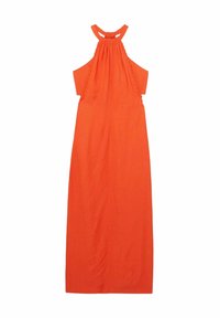 Oranžs lina halter stila maxi kleita ar savilkta dekoltē, atklātām sānu daļām un pogu aizdari aizmugurē. Gluda tekstūra, gara silueta.