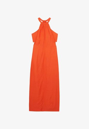 Oranžs lina halter stila maxi kleita ar savilkta dekoltē, atklātām sānu daļām un pogu aizdari aizmugurē. Gluda tekstūra, gara silueta.