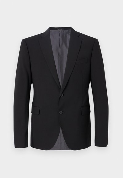 Schwarze maßgeschneiderte Anzugjacke mit Reverskragen, zwei Knöpfen und seitlichen Taschen. Sie verfügt über ein graues Futter und strukturierte Schultern.