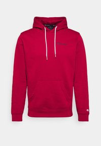 Felpa rossa realizzata in misto cotone, con tasca a marsupio, cappuccio regolabile con lacci, polsini a costine e logo ricamato sul petto.