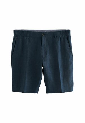 Sötét tengerészkék rövidnadrág, texturált anyagból készült, elülső gombos záródással, oldalsó zsebekkel és kényelmes, rugalmas derekkal.