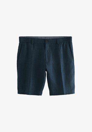 Dunkelblaue Shorts aus strukturiertem Stoff, mit einem vorderen Knopfverschluss, Seitentaschen und einem elastischen Bund für zusätzlichen Komfort.