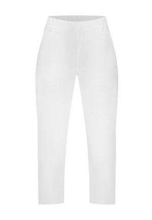 Pantalones blancos de pierna recta con una textura suave, que incluyen bolsillos laterales y una cintura. Diseñados para un ajuste entallado.