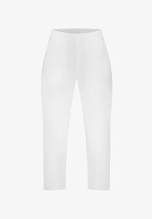 Pantalones blancos de pierna recta con una textura suave, que incluyen bolsillos laterales y una cintura. Diseñados para un ajuste entallado.