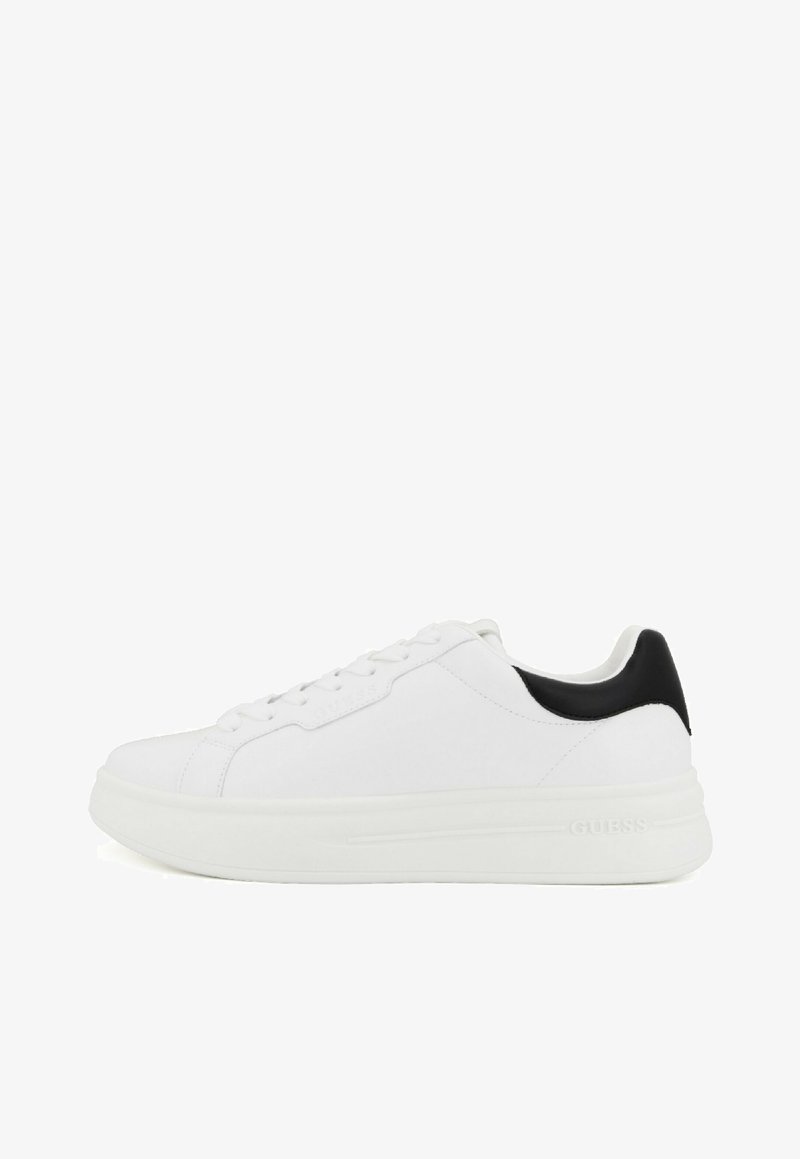 White sneaker with a smooth leather upper, round toe, and lace-up design. Black accents on the heel; textured sole for grip. Brand logo on the side.