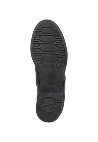 Czarna gumowa podeszwa z fakturowanym wzorem, zawierająca sześciokątne i liniowe rowki zapewniające przyczepność. Lekko zakrzywiony obcas i gładkie krawędzie.