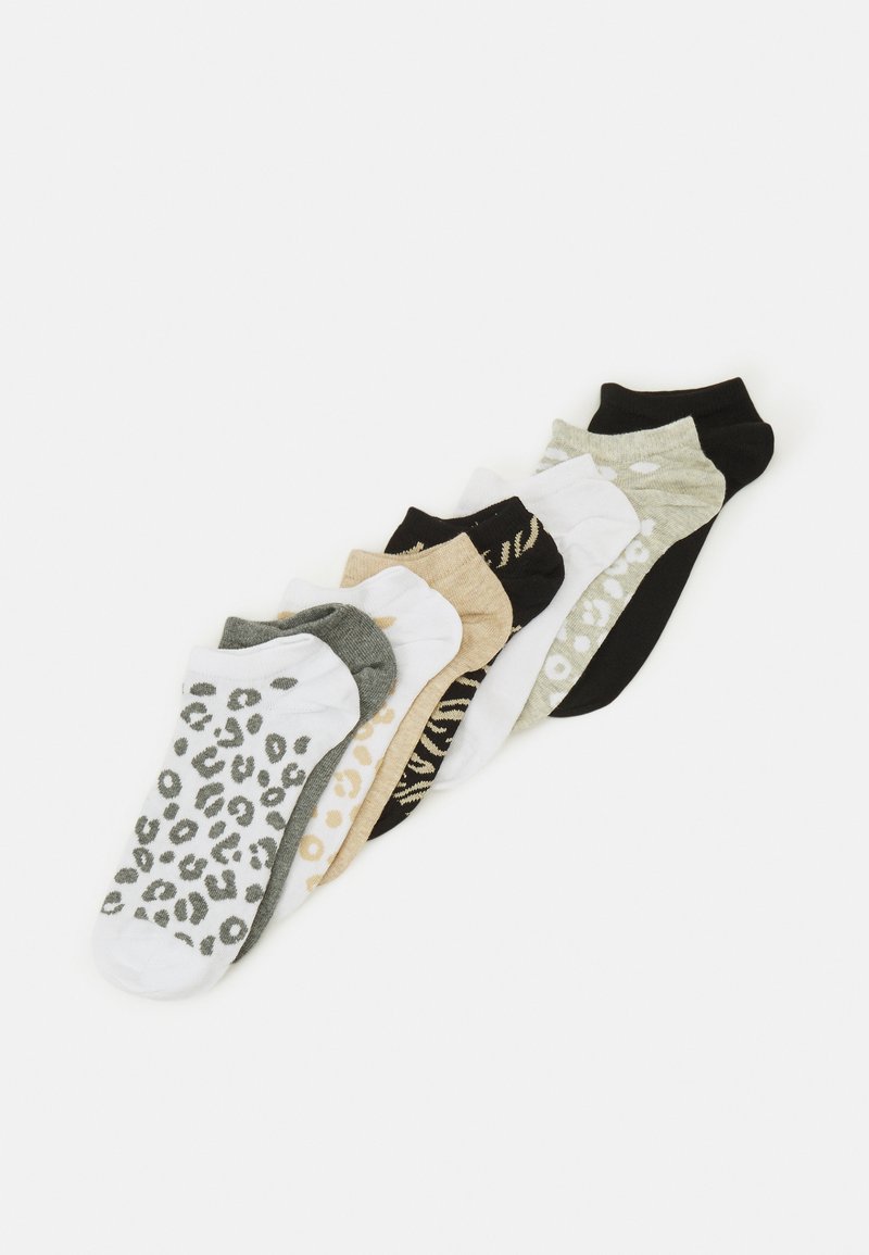 Ankle socks set of seven featuring various patterns and colors: leopard, dots, and stripes, in shades of black, white, gray, and beige.
