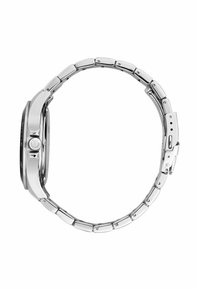 Orologio in acciaio inox argentato con quadrante rotondo nero e bracciale lucido con maglie rettangolari e chiusura a deployante.