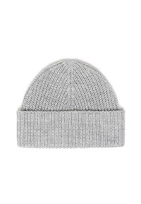 Cappello beanie grigio lavorato a maglia con finitura testurizzata, caratterizzato da un risvolto e un motivo a coste verticali sul corpo principale.