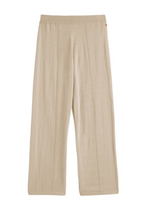 Pantaloni beige a gamba larga con una texture morbida, vita elastica e dettagli con cuciture. Presentano un piccolo accento rosso sulla vita.