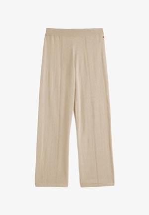 Pantaloni beige a gamba larga con una texture morbida, vita elastica e dettagli con cuciture. Presentano un piccolo accento rosso sulla vita.