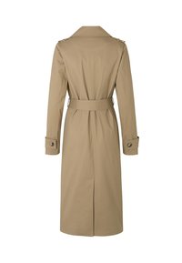 Beige trenchcoat med bælte i taljen, lange ærmer, skulderklapper og knaplukning ved ærmekanterne. Glat stof med en lige silhuet og slids bagpå.