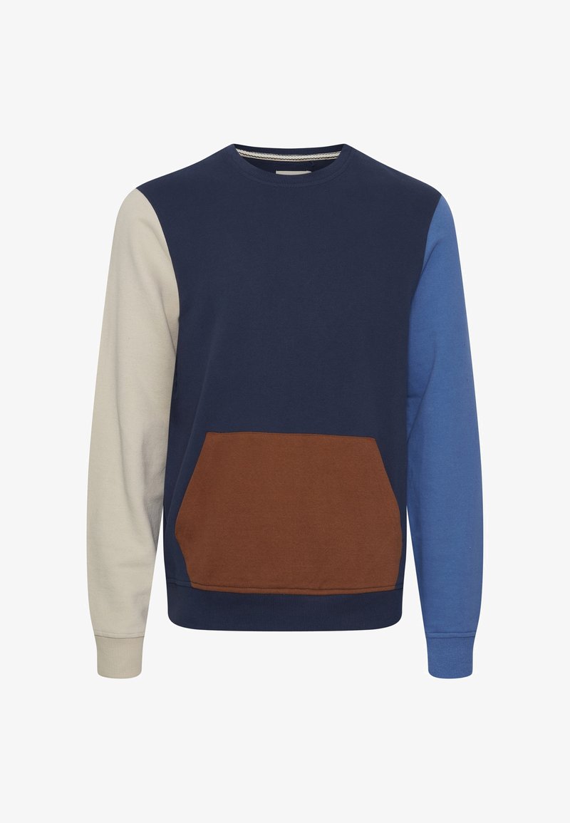 Sudadera azul marino con mangas en bloques de color crema, azul y marrón. Cuenta con un bolsillo frontal y cuello y puños acanalados. Material de algodón.