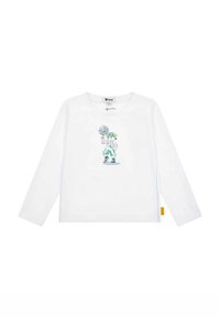 Weißes langärmliges T-Shirt mit einem bunten Grafikmotiv eines Charakters mit einem Basketball. Weiches Baumwollmaterial mit einem Etikett an der Seite.