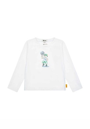 White long-sleeve T-shirt featuring a colorful graphic of a character with a basketball. Soft cotton material with a tag on the side.