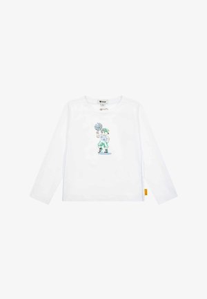 Witte lange mouwen T-shirt met een kleurrafische afbeelding van een personage met een basketbal. Zacht katoenen materiaal met een label aan de zijkant.