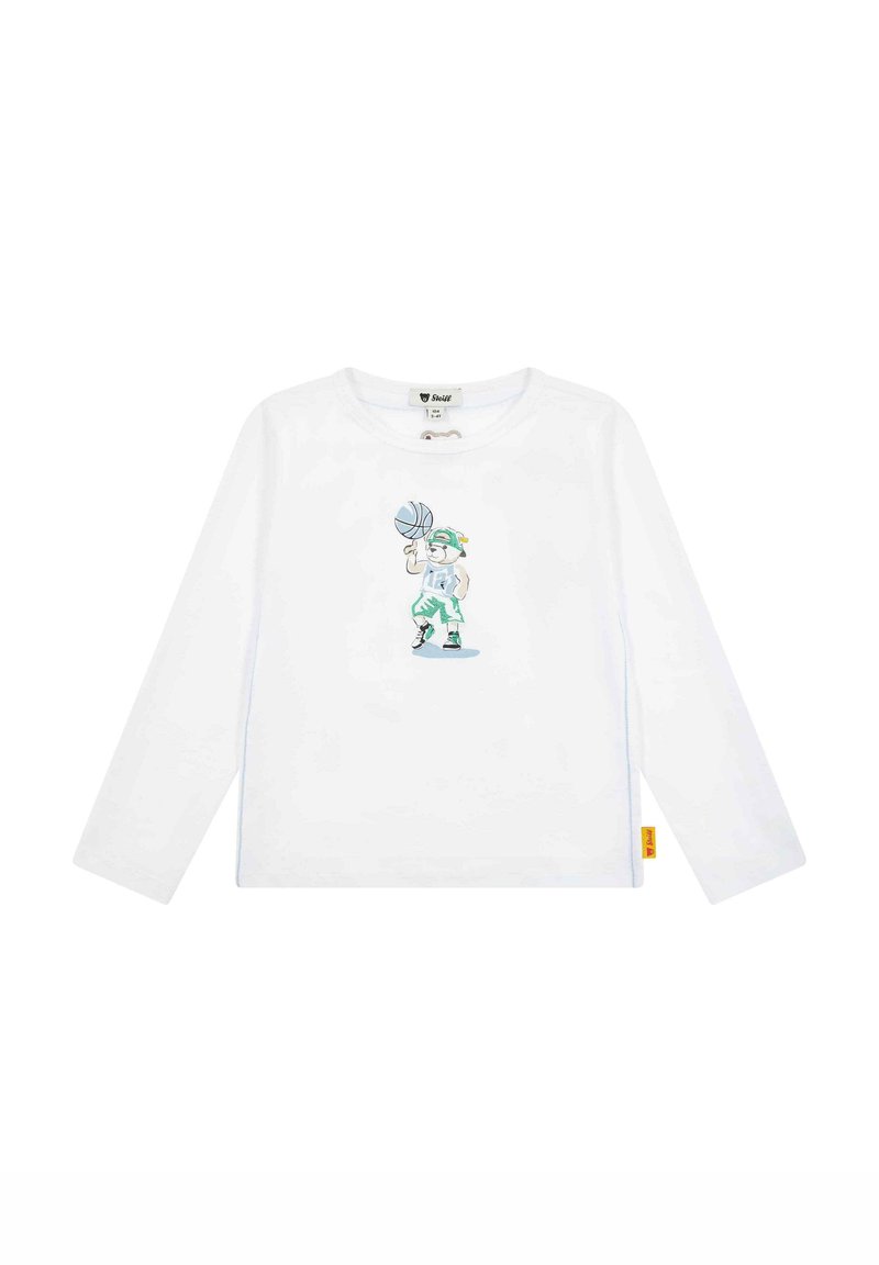 Weißes langärmliges T-Shirt mit einem bunten Grafikmotiv eines Charakters mit einem Basketball. Weiches Baumwollmaterial mit einem Etikett an der Seite.