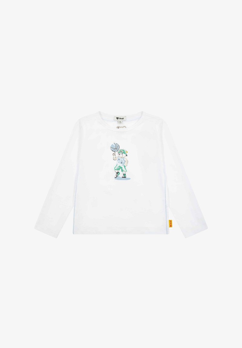 Weißes langärmliges T-Shirt mit einem bunten Grafikmotiv eines Charakters mit einem Basketball. Weiches Baumwollmaterial mit einem Etikett an der Seite.