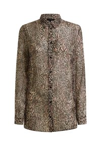 Langærmet skjorte med knapper i et flerfarvet leopardprintmønster i beige, brun og pink nuancer, med en klassisk krave.