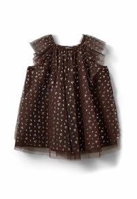 Hnedé tylové šaty s kvetinovým vzorom, krátkymi nariasenými rukávmi a zhromaždeným výstrihom. Ľahký a vrstvený dizajn s textúrovaným povrchom.