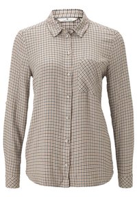 Chemise à manches longues beige avec un motif à carreaux marron et bleu marine. Elle comporte un col et une poche poitrine.