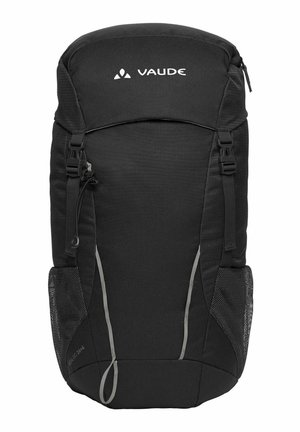 Zaino nero Vaude con tasca frontale con zip, tasche laterali in rete, spallacci regolabili e dettagli riflettenti.