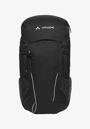Sac à dos Vaude noir avec poche avant zippée, poches latérales en filet, bretelles réglables et détails réfléchissants.