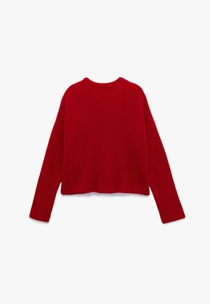 Rode gebreide trui met een geribbelde textuur, lange mouwen en een ronde hals. Het ontwerp is losjes passend en valt tot op de taille.