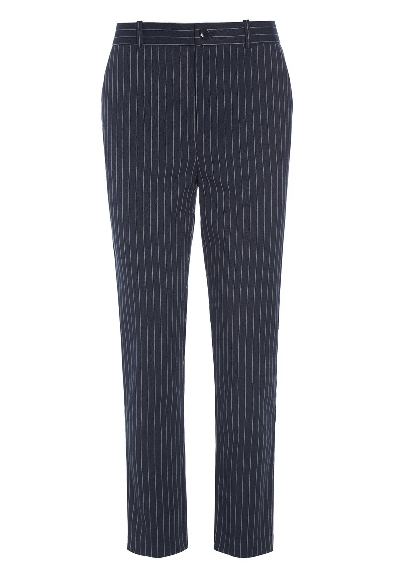 Pantalon tailored bleu marine avec des rayures blanches, présentant une coupe droite, des passants de ceinture et un pli le long des jambes avant.