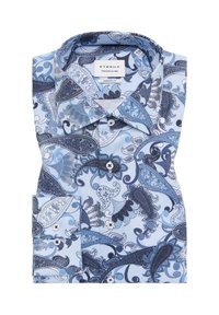 Lichtblauw overhemd met knoopsluiting en een donkerblauw paisleypatroon, witte knopen en een moderne pasvorm. Het heeft een klassieke kraag en dubbele manchetten.