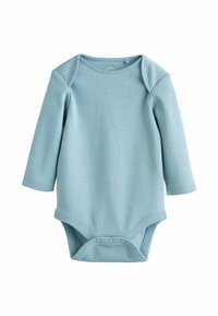 Lyseblå langærmet baby body lavet af blødt stof, med rund halsudskæring, trykknapper i bunden og uden mønstre.