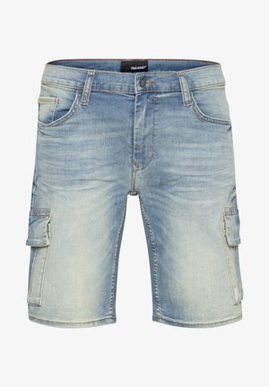 Heledad sinine denim cargo lühikesed püksid, mis on varustatud nööbi kinnitusega, mitme taskuga ning pleekinud viimistlusega, millel on kontrastsed õmblused.