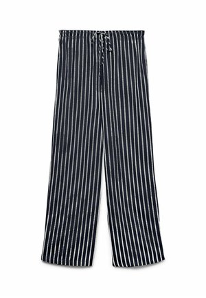 Pantalon bleu marine avec rayures blanches verticales, taille élastique et cordon ajustable pour une coupe décontractée.